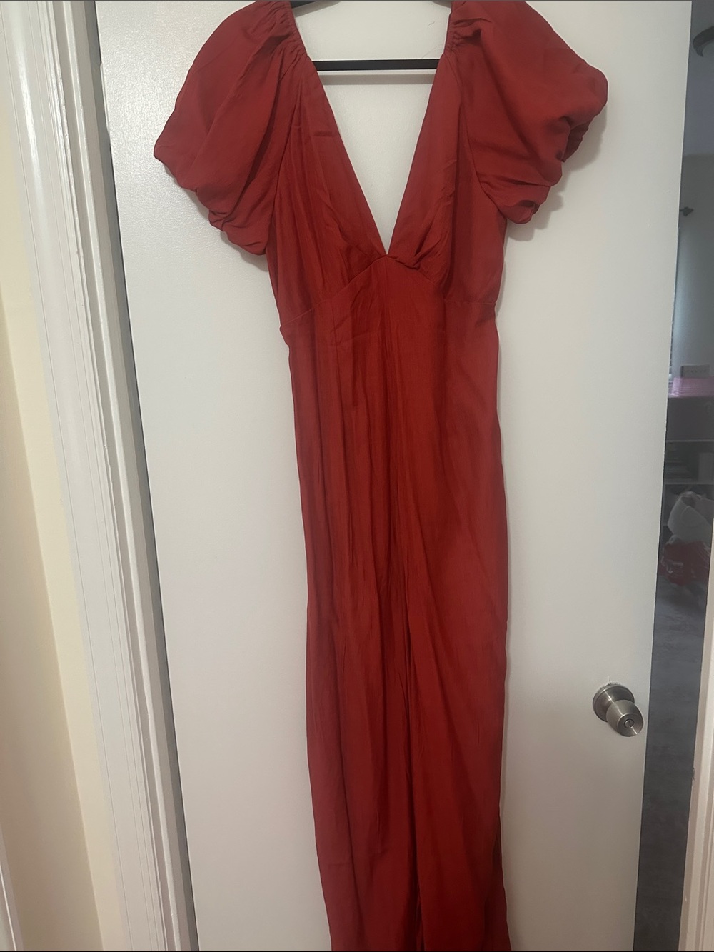 Fashion Nova Brick Red Puff-Sleeve Maxi Dress